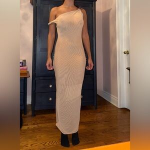 One-Shoulder Sheer Beige Maxi Dress